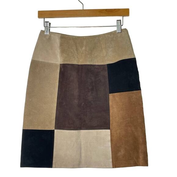 Leather Skirt Suede Brown Tan Black Block Print - Picture 1 of 7
